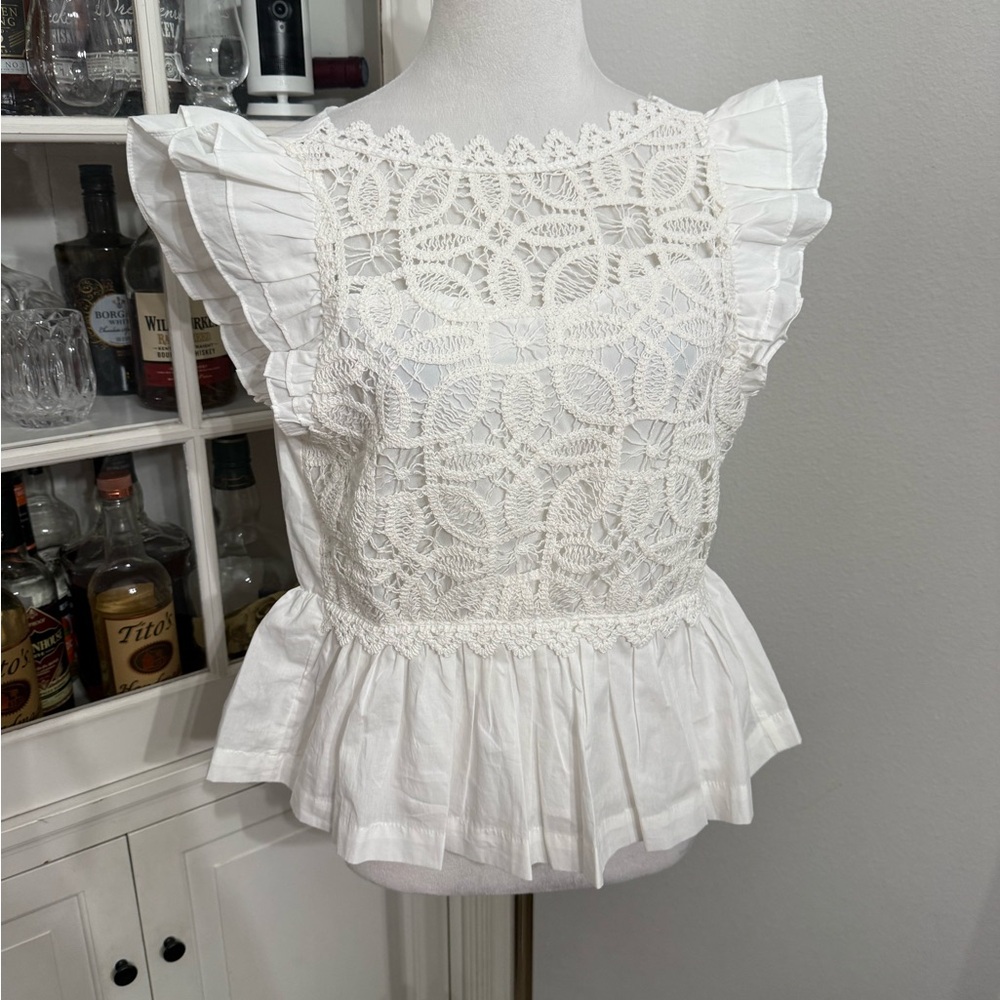 White Crochet Peplum Flutter Sleeve Top